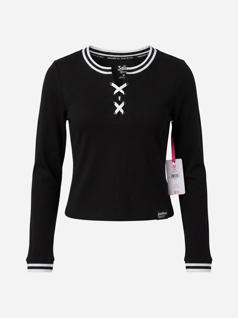 Justice Black Long Sleeve Lace-Up Ribbed Trim Top